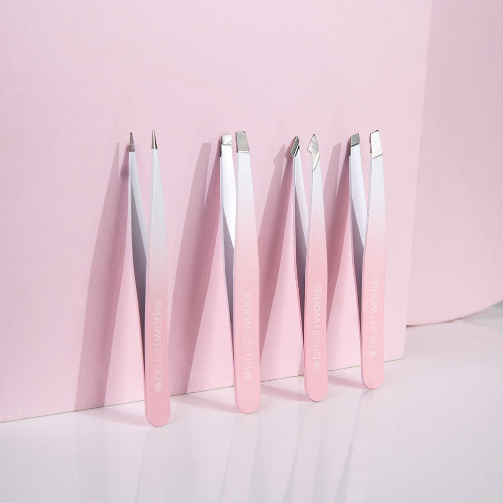 Brushworks 4 Piece Combination Tweezer Set – White & Pink