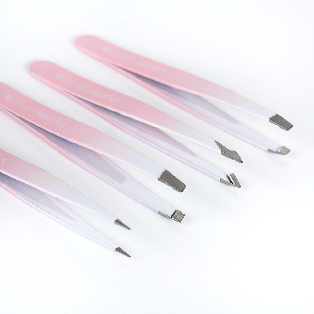 Brushworks 4 Piece Combination Tweezer Set – White & Pink