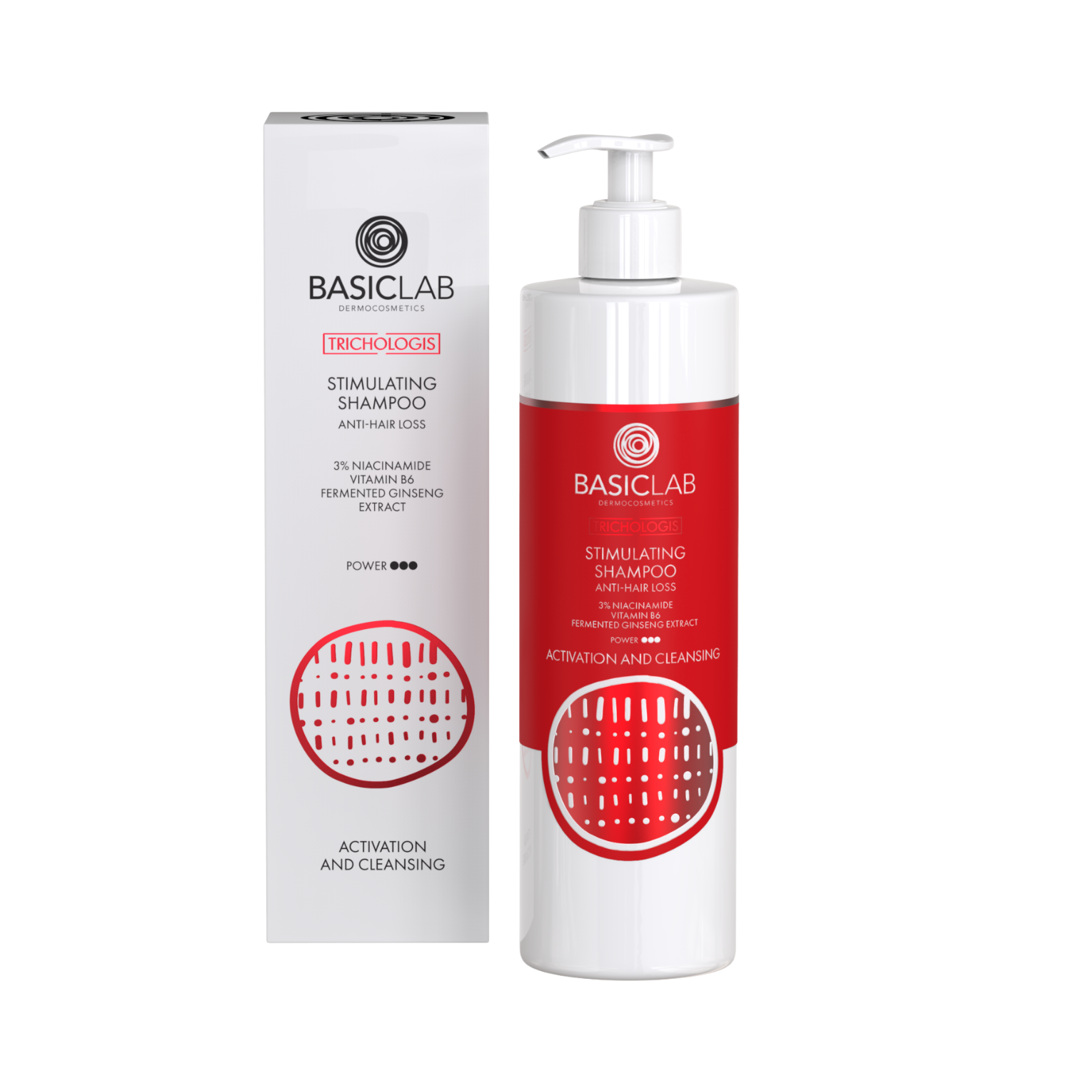 BasicLab Stimulating anti-hair Loss Shampoo, 3% Niacinamide, Vitamin B6, Fermented Ginseng Extract 300ml