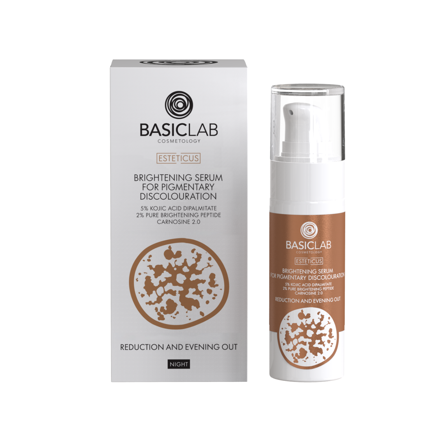 BasicLab Brightening Serum for Pigmentation Discoloration, 5% Kojic Acid Dipalmitate, 2% Pure Brightening Peptide, Carnosine 2.0, Reduction and Evenness 30ml