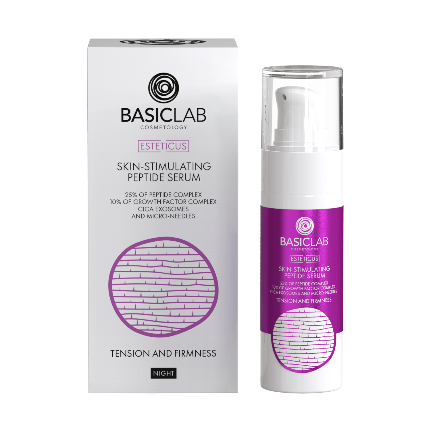 BasicLab Stimulating Peptide Night Face Serum, 25% Peptide Complex, 10% Growth Factor Complex, CICA Exosomes and Microneedles, Tightening and Firming 30ml