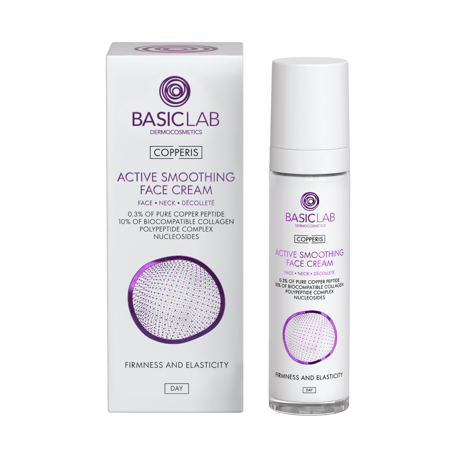 BasicLab Actively Smoothing Day Cream for Face, Neck and Décolleté with 0.3% Pure Copper Peptide, Firming and Elasticity 50ml