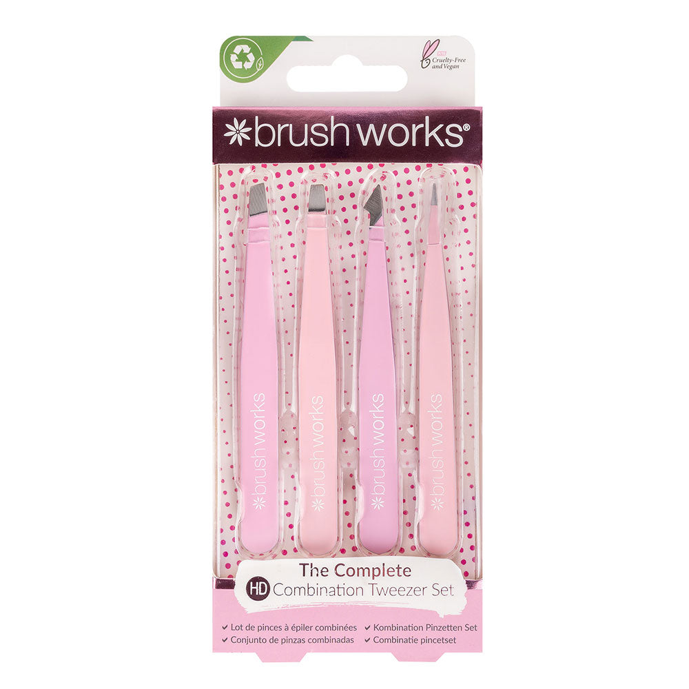Brushworks HD 4 Piece Combination Tweezer Set (Pink)