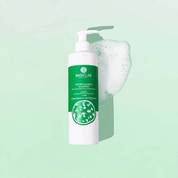 BasicLab Seboregulating Shampoo for Oily and Sensitive Scalp, 1.5% BHA, Postbiotic, Rosmarinic Acid Glucoside, Normalizing and Cleansing 300ml