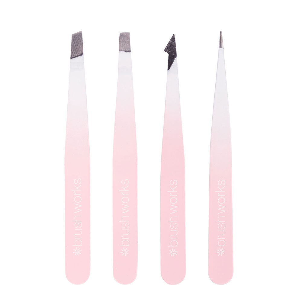 Brushworks 4 Piece Combination Tweezer Set – White & Pink