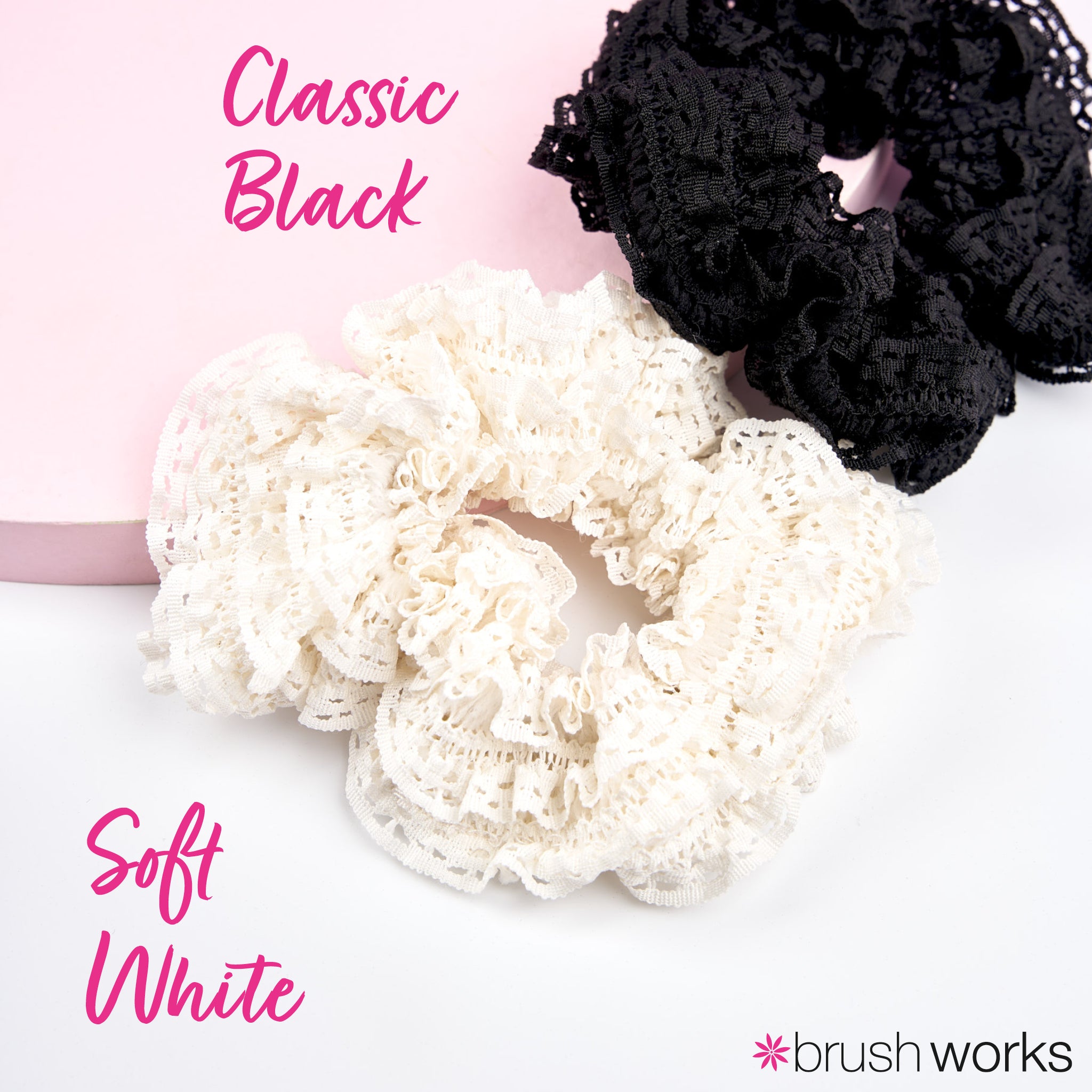 Brushworks Lace Scrunchies – Black &amp; White (2 Pack)