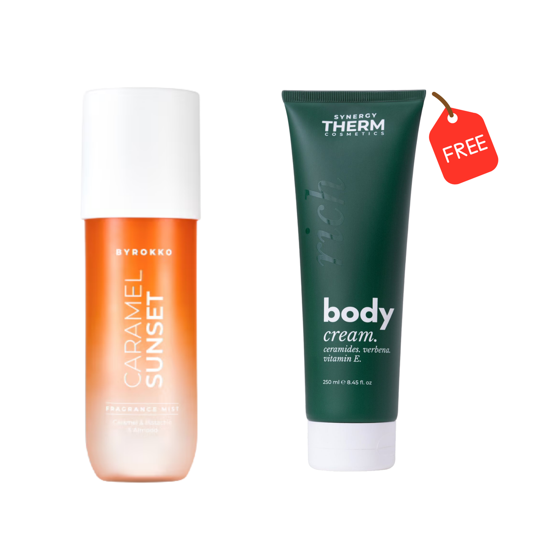 1+1 FALAS Byrokko Caramel Sunset Body Mist 150ml + Synergy Therm Rich Body Cream 250 ml