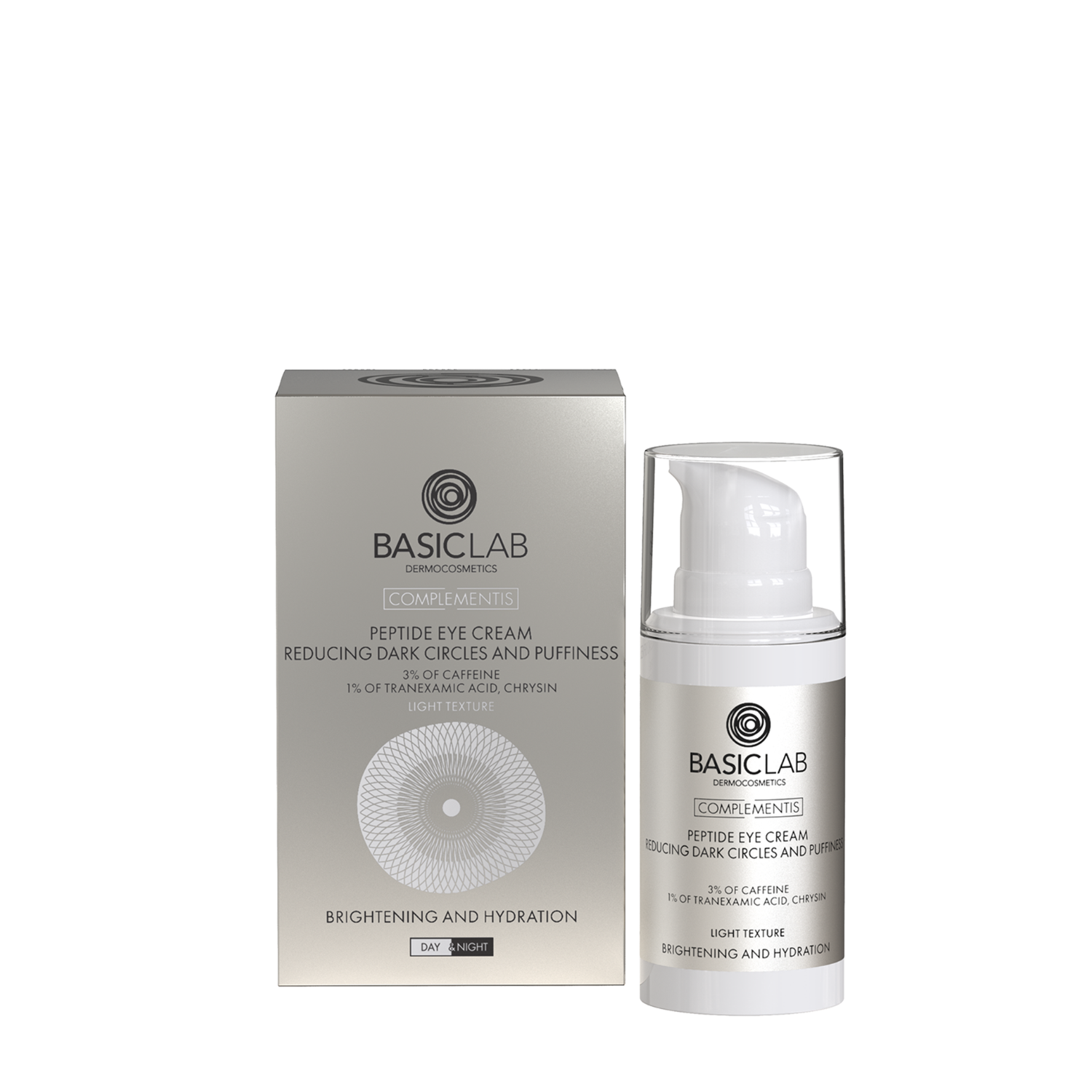 BasicLab Peptide Eye Cream that Reduces Dark Circles and Puffiness with 3% Caffeine, 1% Tranexamic Acid, and Chrysin with a Light Consistency. Brightening and Moisturizing 15ml