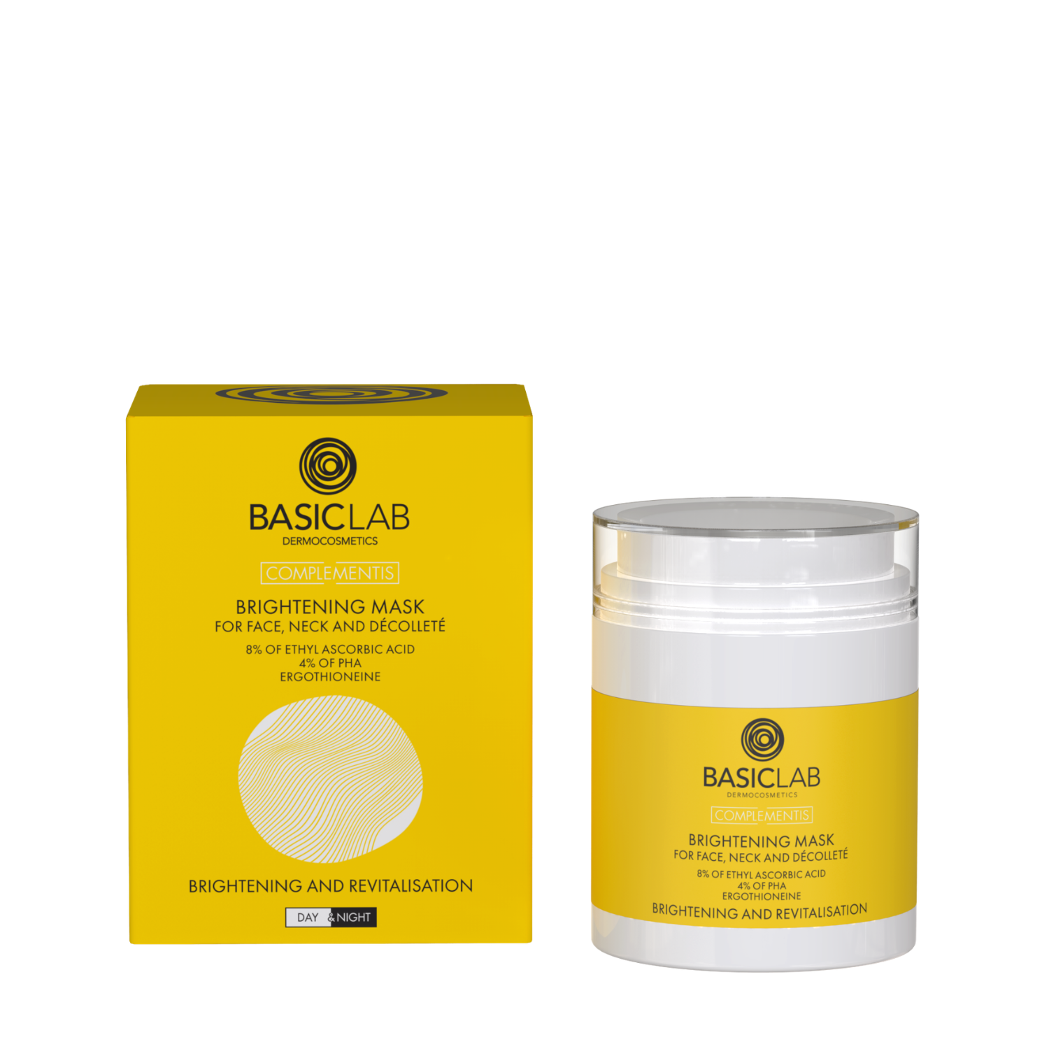 BasicLab Illuminating Mask for Face, Neck and Décolleté, 8% Ethylated Vitamin C, 4% PHA, Ergothioneine, Brightening and Revitalizing 50ml