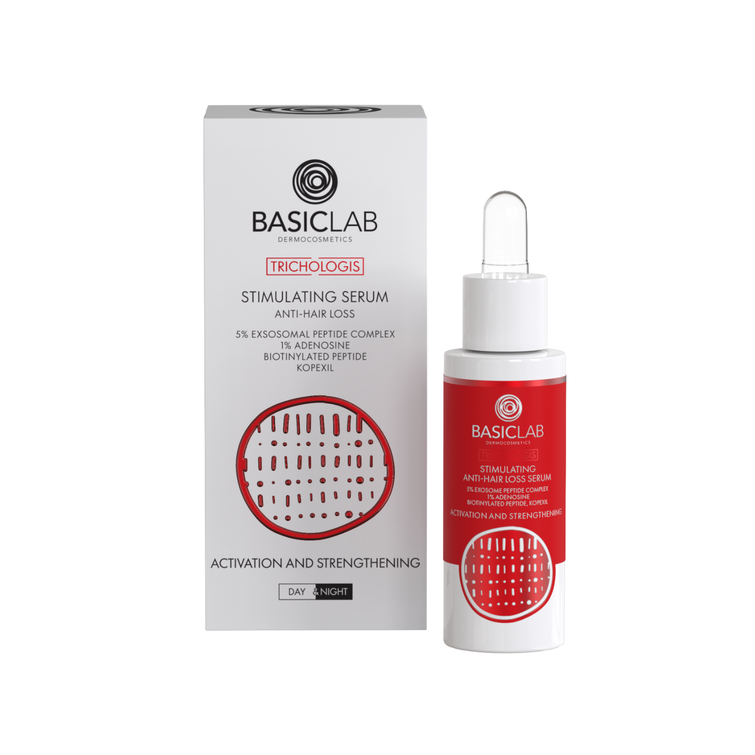 BasicLab Dermocosmetics Trichologis Stimulating Serum Anti-Hair Loss, 5% Exosomal Peptide Complex, 1% Adenosine, Biotinylated peptide 30 ml