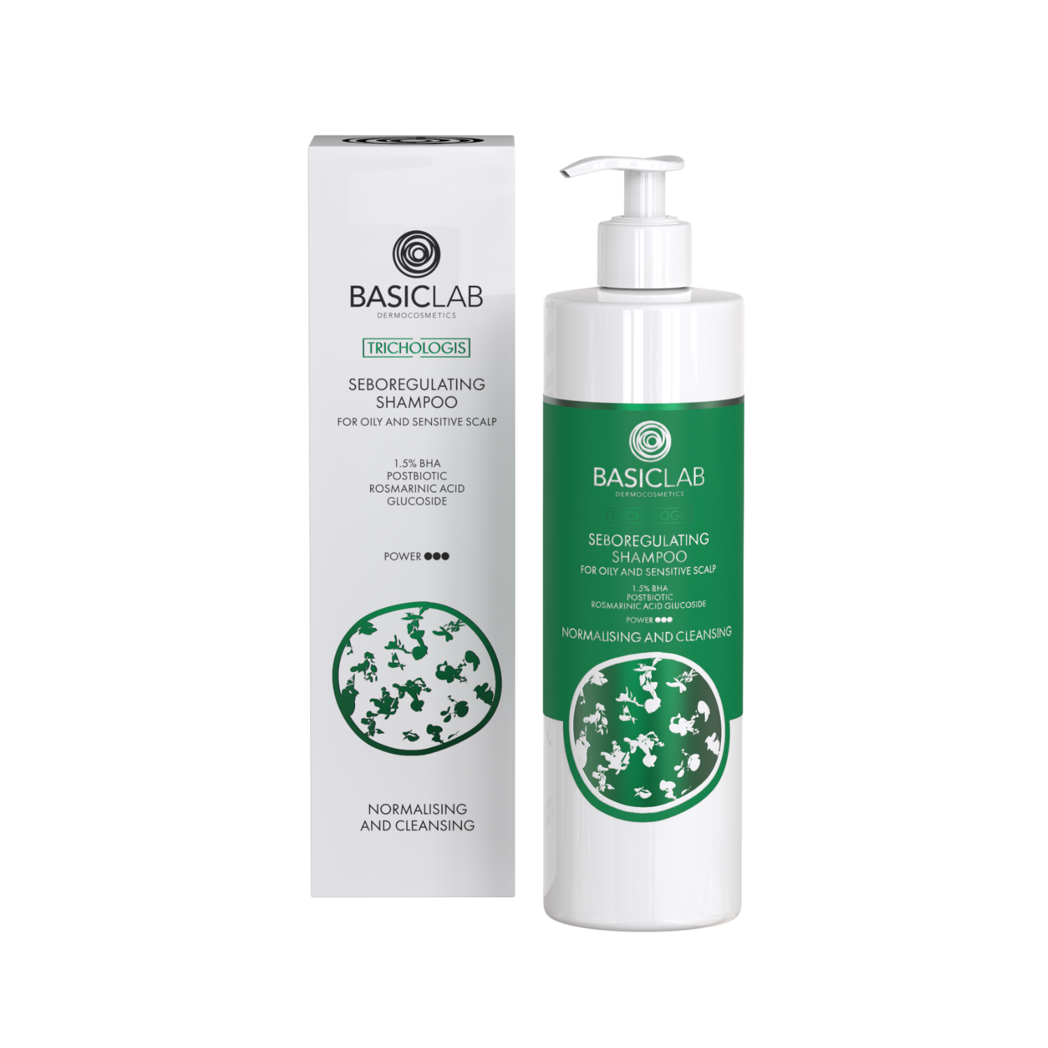 BasicLab Seboregulating Shampoo for Oily and Sensitive Scalp, 1.5% BHA, Postbiotic, Rosmarinic Acid Glucoside, Normalizing and Cleansing 300ml