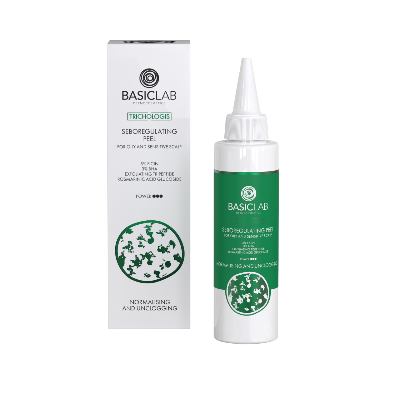 BasicLab Seboregulating Peeling for Oily and Sensitive Scalp, 5% Ficin, 3% BHA, Exfoliating Tripeptide, Rosmarinic Acid Glucoside, Normalizing and Unblocking 150ml