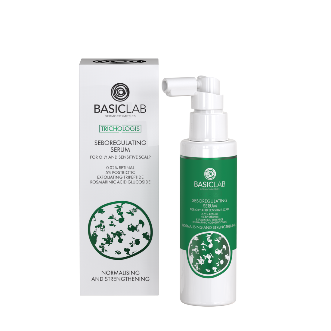 BasicLab Seboregulating Serum for Oily and Sensitive Scalp, 0.02% Pure Retinal, 5% Postbiotic, Exfoliating Tripeptide, Rosmarinic Acid Glucoside, Normalizing and Strengthening 100ml