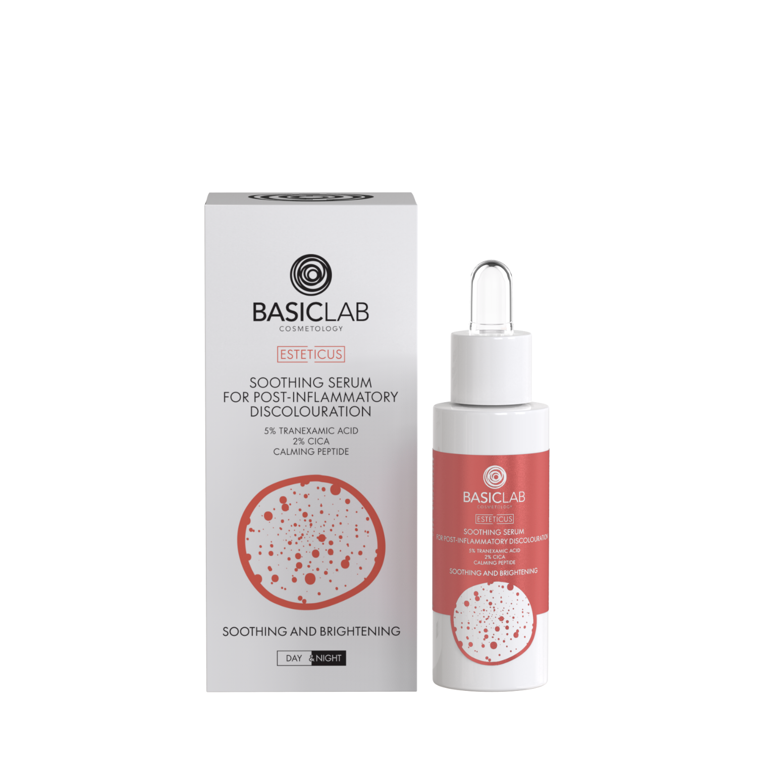 BasicLab Calming Serum for Acne Discoloration, 5% Tranexamic Acid, 2% CICA, Calming Peptide, Soothing and Brightening 30ml
