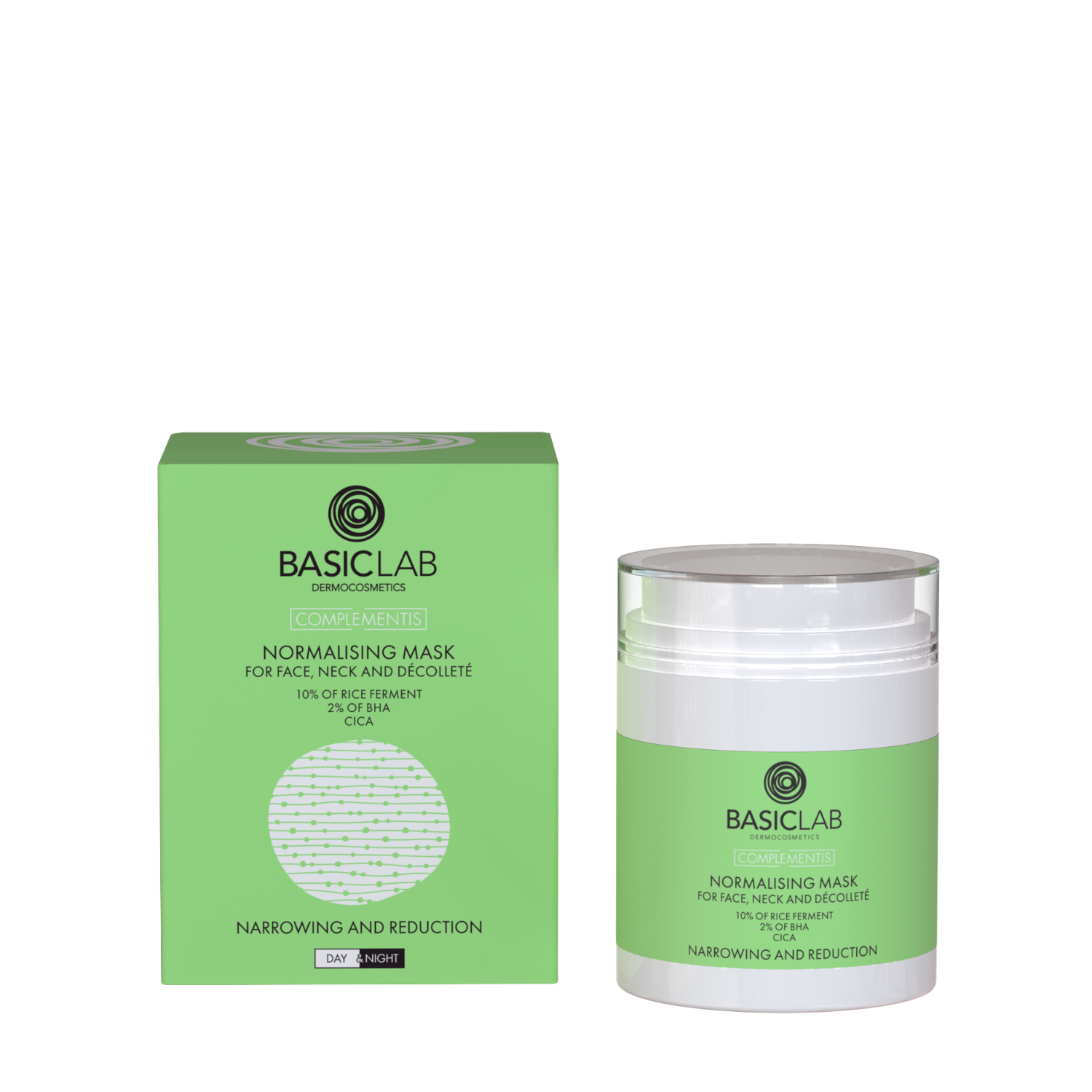 BasicLab Normalizing Mask for Face, Neck and Décolleté, 10% Rice Ferment, 2% BHA, CICA, Narrowing and Reducing 50ml