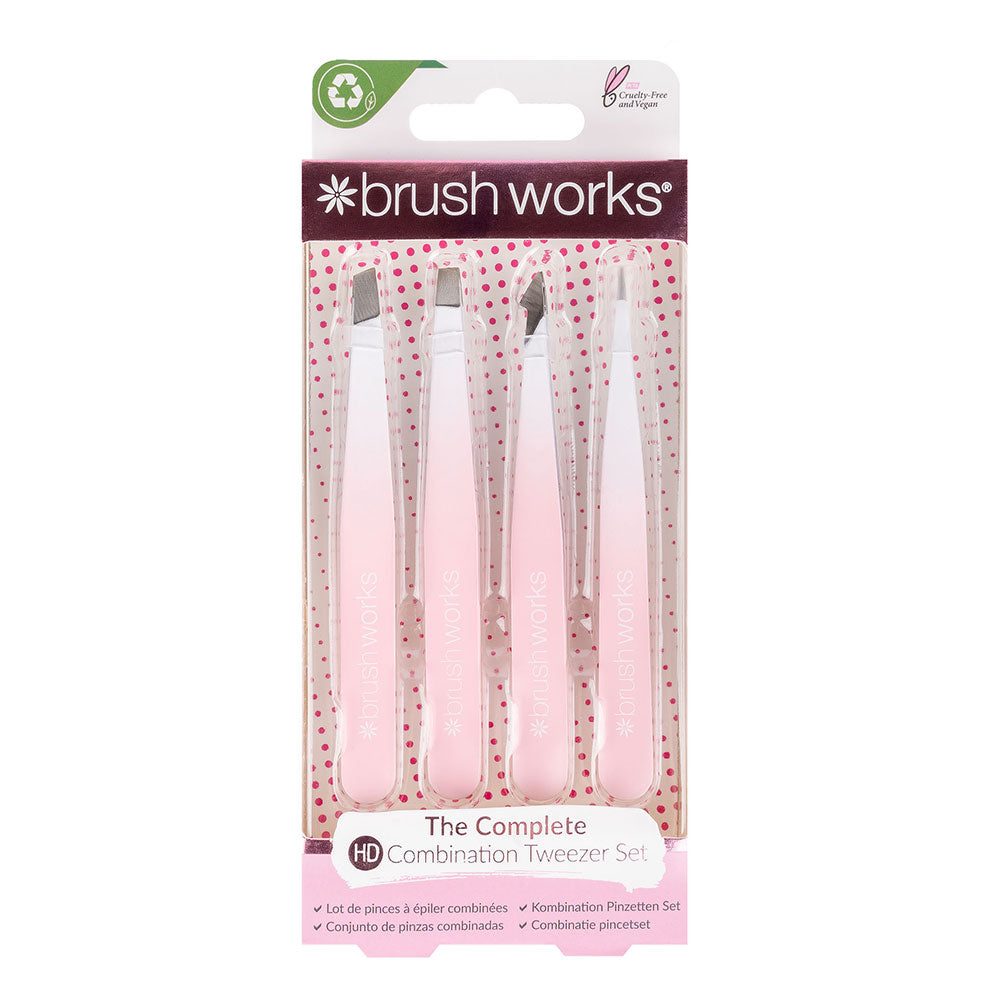 Brushworks 4 Piece Combination Tweezer Set – White &amp; Pink