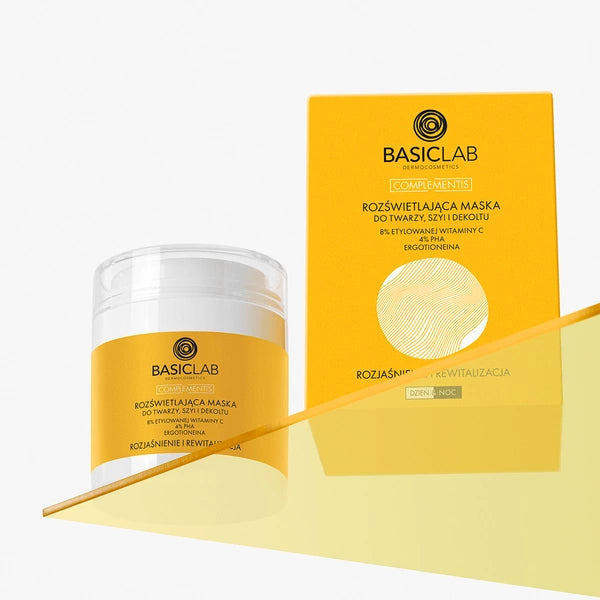BasicLab Illuminating Mask for Face, Neck and Décolleté, 8% Ethylated Vitamin C, 4% PHA, Ergothioneine, Brightening and Revitalizing 50ml