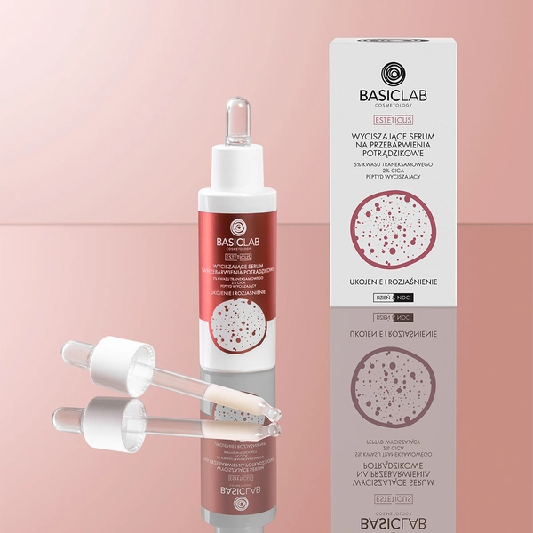 BasicLab Calming Serum for Acne Discoloration, 5% Tranexamic Acid, 2% CICA, Calming Peptide, Soothing and Brightening 30ml